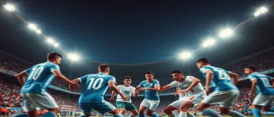A dramatic night match scene on a pristine stadium pitch, two anonymous players mid-air contest for a soaring ball: one...