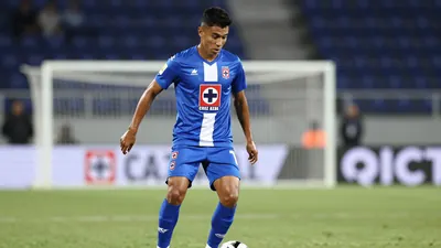 A photorealistic image of a young, anonymous, right-back player from Cruz Azul Hidalgo, wearing a blue jersey with a...