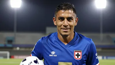 A photorealistic image of an anonymous Cruz Azul player, aged 25-30, wearing a blue jersey with white shorts, with a...