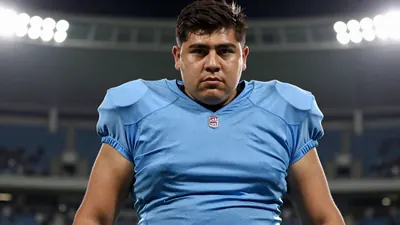 Photorealistic close-up of a 25-30 year old Mexican fullback in a solid light blue jersey, tight crop from waist up...