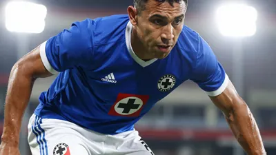A photorealistic image of an anonymous Cruz Azul player, aged 25-30, wearing a blue jersey with a white stripe, and white...