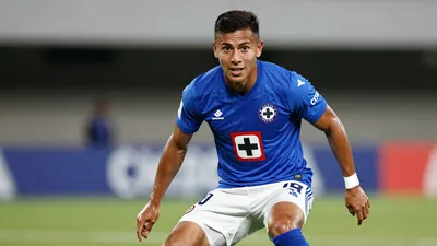 A photorealistic image of an anonymous Cruz Azul midfielder, 25-30 years old, with a strong build, wearing a blue jersey...