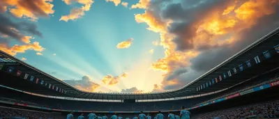 A dramatic night match scene on a pristine stadium pitch, two anonymous teams in plain white and blue kits facing off...