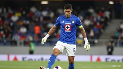 A photorealistic image of an anonymous Cruz Azul player, aged 25-30, wearing a blue jersey with white shorts, and a white...
