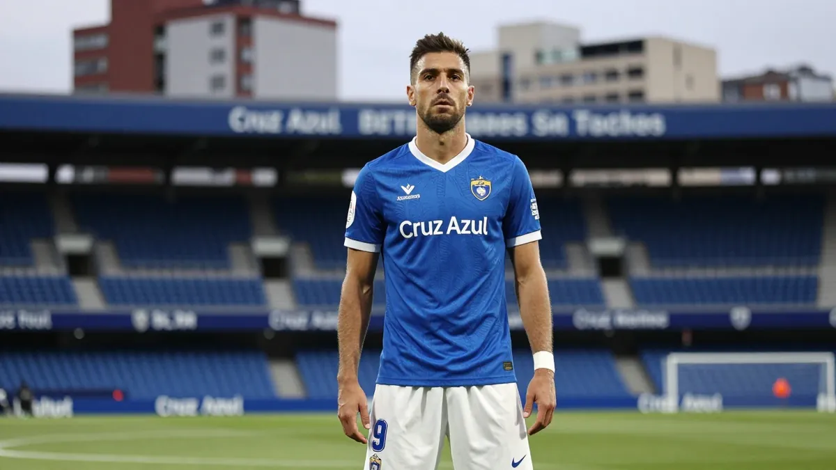 A photorealistic image of a Cruz Azul player, wearing a blue jersey and white shorts, with a determined expression...