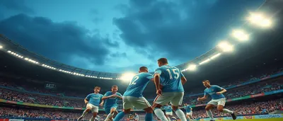 A dramatic night match on a rain-slick stadium pitch, two anonymous players locked in a fierce duel for the ball: one in...