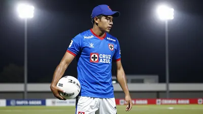A tight waist-up shot of a 25-30-year-old Cruz Azul player in a blue jersey with white shorts, wearing a blue cap, and...