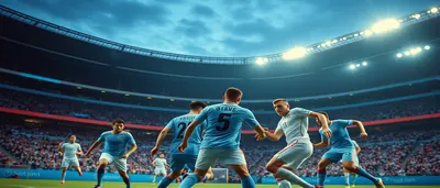 A dramatic night scene on a stadium pitch, a lone forward in a plain blue jersey (Cruz Azul colors) leaping to head a...